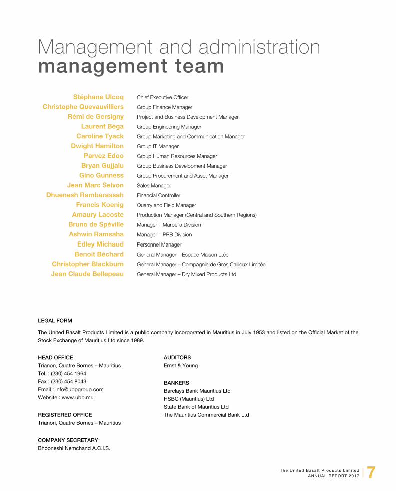 PDF) Management and administration management team - UBP · The United Basalt Products Limited 7 ANNUAL REPORT and administration management team Stéphane Ulcoq Chief DOKUMEN.TIPS