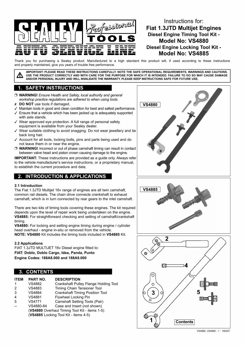 PDF) IMPORTANT: PLEASE READ THESE INSTRUCTIONS … · Instructions for: Fiat  1.3JTD Multijet Engines Diesel Engine Timing Tool Kit - Model No: VS4880  Diesel Engine Locking Tool Kit - Model - DOKUMEN.TIPS