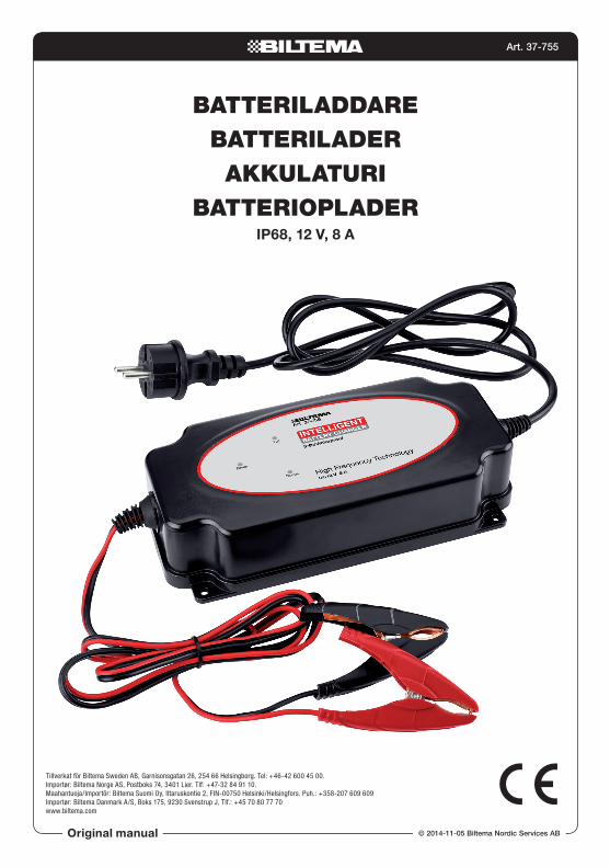 PDF) Batteriladdare Batterilader akkulaturi Batterioplader Art. 37-755  Original manual © 2014-11-05 Biltema Nordic Services AB Batteriladdare  Batterilader akkulaturi Batterioplader IP68, - DOKUMEN.TIPS