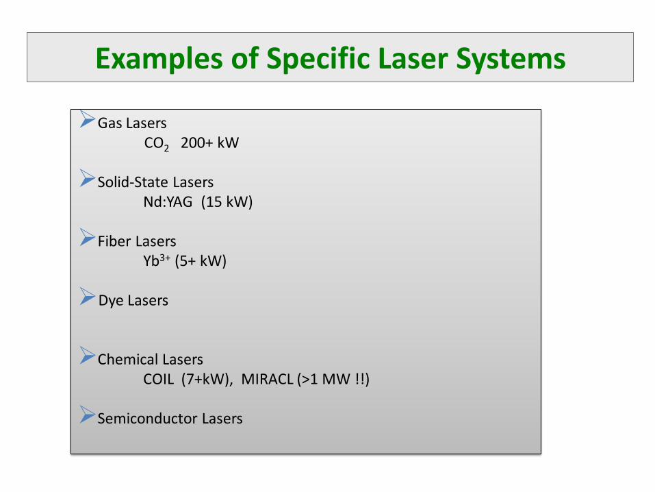 PDF) Examples of Specific Laser Systemsmsbahae.unm.edu/Courses/464 Laser  Physics I/specific lasers.pdf · Examples of Specific Laser Systems Gas  Lasers CO 2 200+ kW Solid-State Lasers - DOKUMEN.TIPS