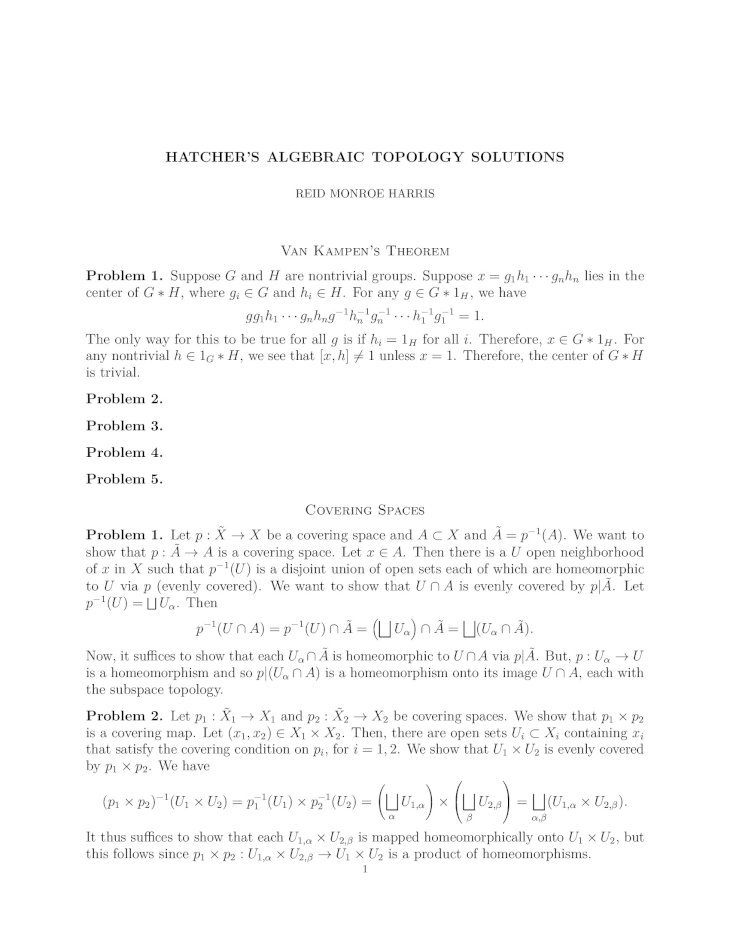 PDF) Van Kampen's Theoremreidh/AT/Hatcher_Algebraic... · HATCHER'S  ALGEBRAIC TOPOLOGY SOLUTIONS 3 Problem 6. We have the following 2-sheeted  covering space Y of X˜: Consider a connected - DOKUMEN.TIPS