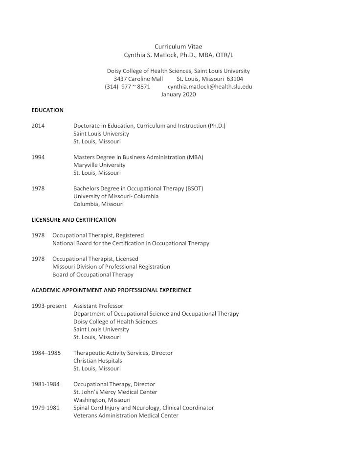 (PDF) Curriculum Vitae Cynthia S. Matlock, Ph.D., MBA, OTR/LCurriculum ...