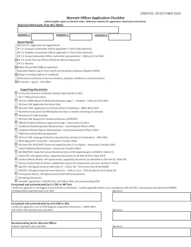 (PDF) 2020 Warrant Officer Application Checklist · 2020. 10. 29 ...