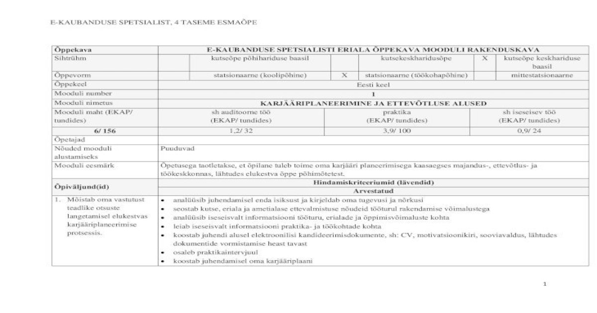 E-KAUBANDUSE SPETSIALISTI ERIALA X &middot; PDF file Iseseisev  t&ouml;&ouml; moodulis 1. Vormistab praktikale kandideerimiseks vajalikud  dokumendid (sooviavaldus, CV, motivatsioonikiri). 2. Tutvub