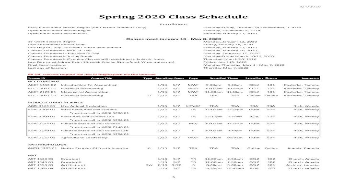 Spring 2020 Class Schedule - Seminole State College 3 Spring Schedule