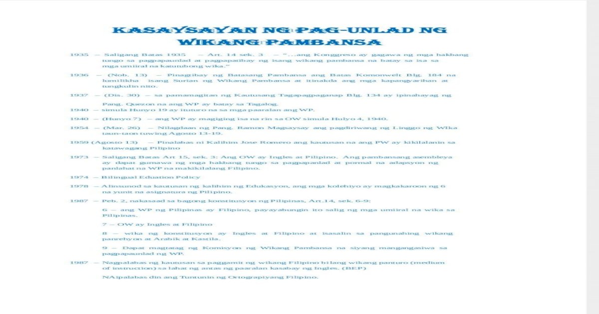 Kasaysayan Ng Wikang Pambansa Sa Panahon Ng Katutubo Timeline - wikabansa